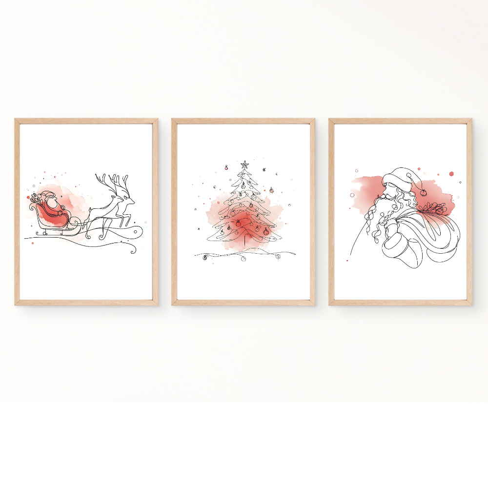 Christmas wall art with red accents - set of 3 prints - Drawnify