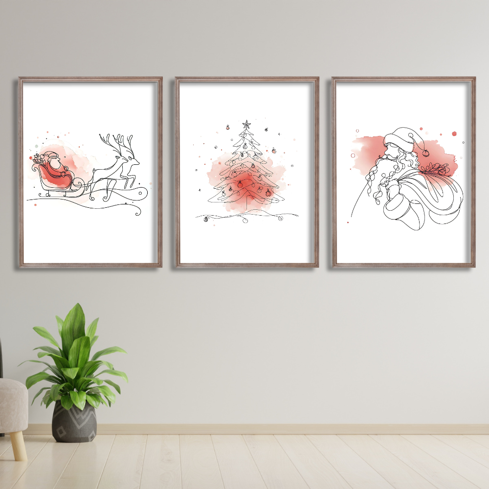 Christmas wall art with red accents - set of 3 prints - Drawnify